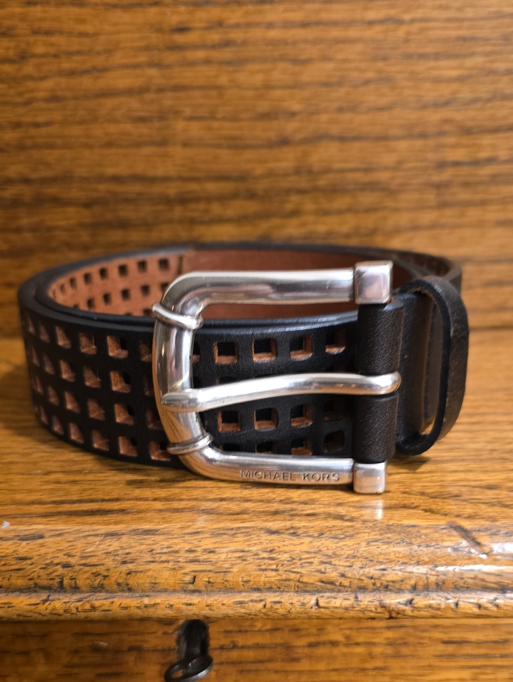 Michael Kors Black and Brown Perforated Leather Belt with Silver Buckle